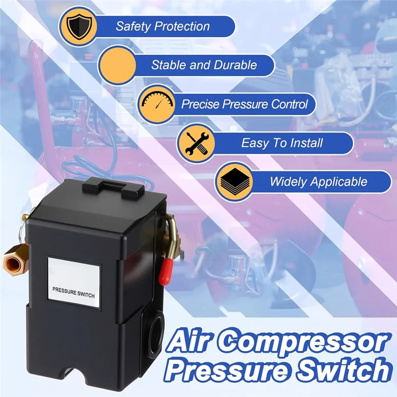 ضاغط هواء ABIY 135-175 مفتاح ضغط 4 منافذ 20 أمبير مع صمام تخفيف أمان 200 رطل لكل بوصة مربعة، استبدال مفتاح ضغط NPT 1/4 بوصة