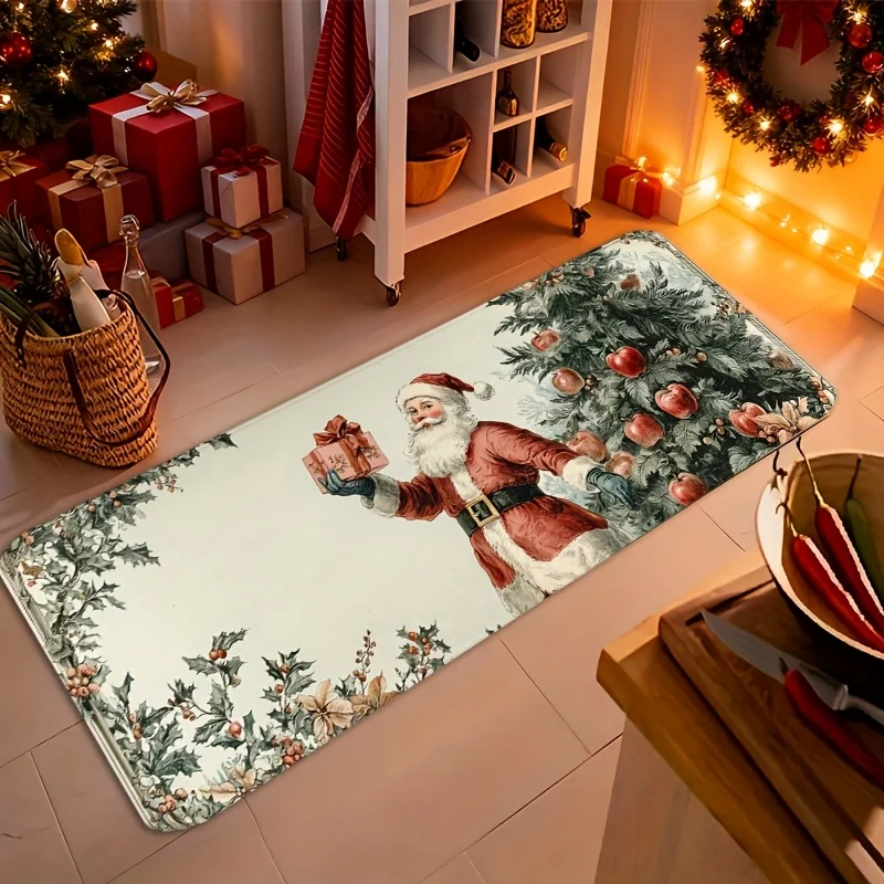 Vintage Santa Holding Gift Holly Branch print rug kitchen hallway entry Runner Rug Entry Door Mat home decor Christmas Gift