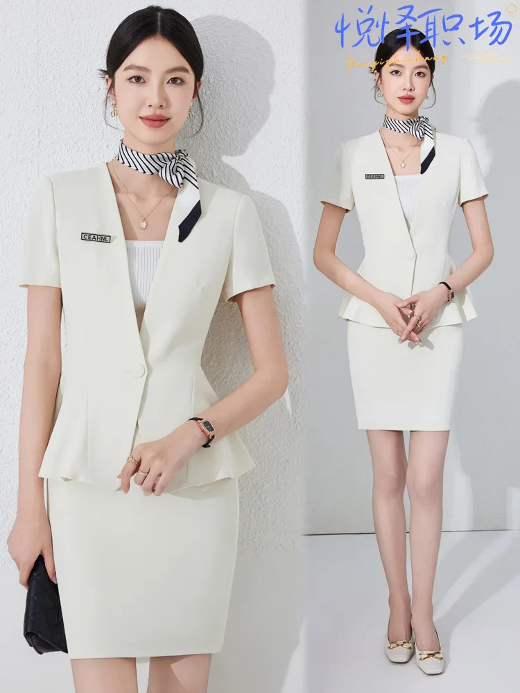 

Темно-синий женский профессиональный костюм с короткими рукавами, новинка 2025 года, для работы на ресепшене отеля, с дизайном, подчеркивающим талию.