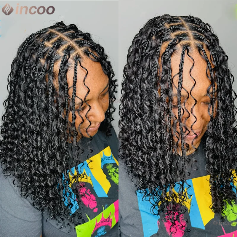 Wig Kepang Kotak Tanpa Simpul Kepang Bohenia 12 "untuk Wanita Kulit Hitam Wig Boho Depan Renda dengan Rambut Bayi Wig Afrika Kepang Wig Sintetis