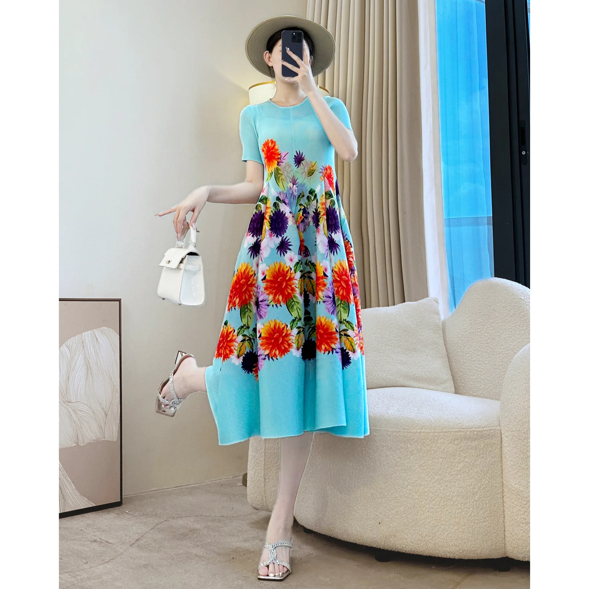 

Miyake Summer Short Sleeve Pelated Printting Women's Dress Elastic Casual Round Collar A Line Ball Gown Dresses Chic