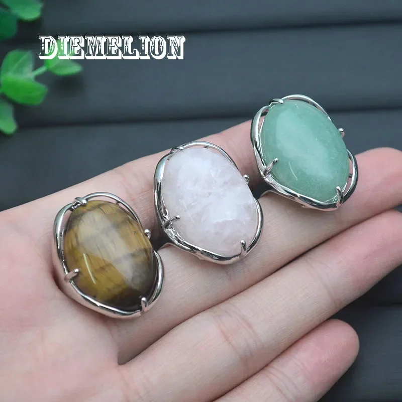 

5Pcs/lot Large Size Oval Shape Natural Crystal Stone Rings for Men Women Silver Plated Open Adjustable Finger Ring Party Jewelry