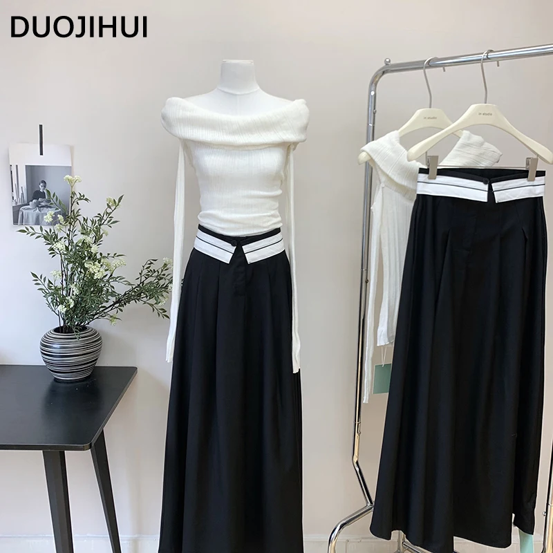 DUOJIHUI French Elegant Chic High Waist Slim Women Skirts Autumn New Simple Spell Color Fashion Button Zipper Female Midi Skirts