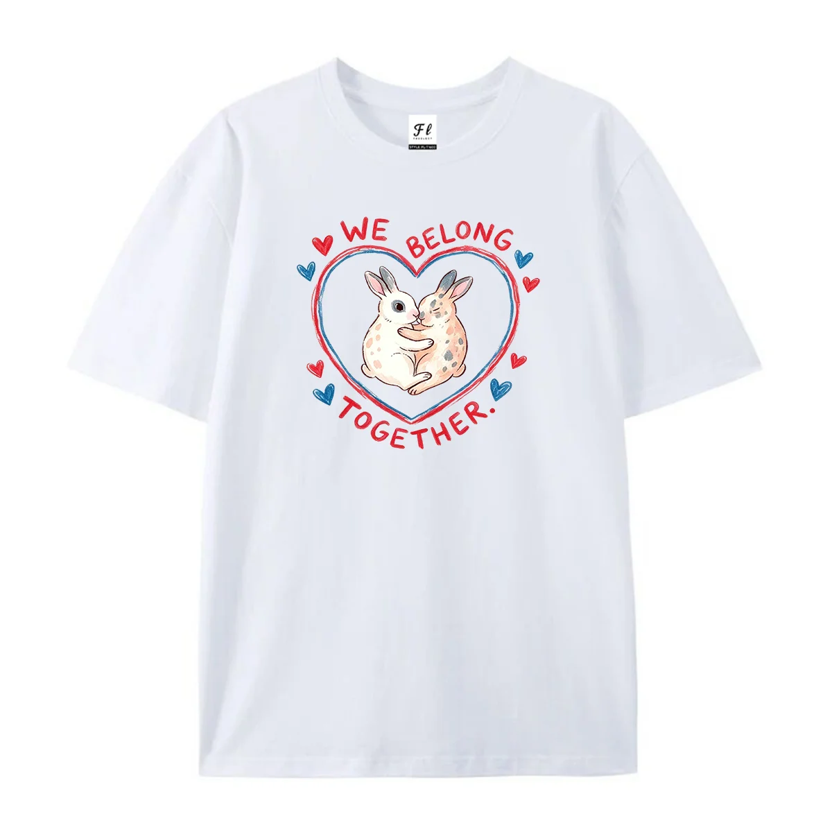 We Belong Together Cute Hugging Bunnies Heart Graphic T-Shirt Romantic Rabbit Couple Love Animal Art Casual Short Sleeve Tee