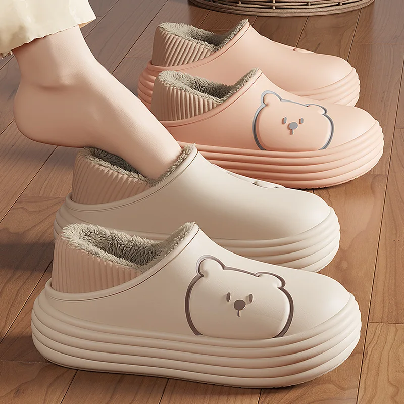 

Зимние тапочки для женщин, уличная непромокаемая домашняя обувь с рисунком медведя для мужчин, плюшевая повседневная обувь, домашние пушистые хлопковые тапочки