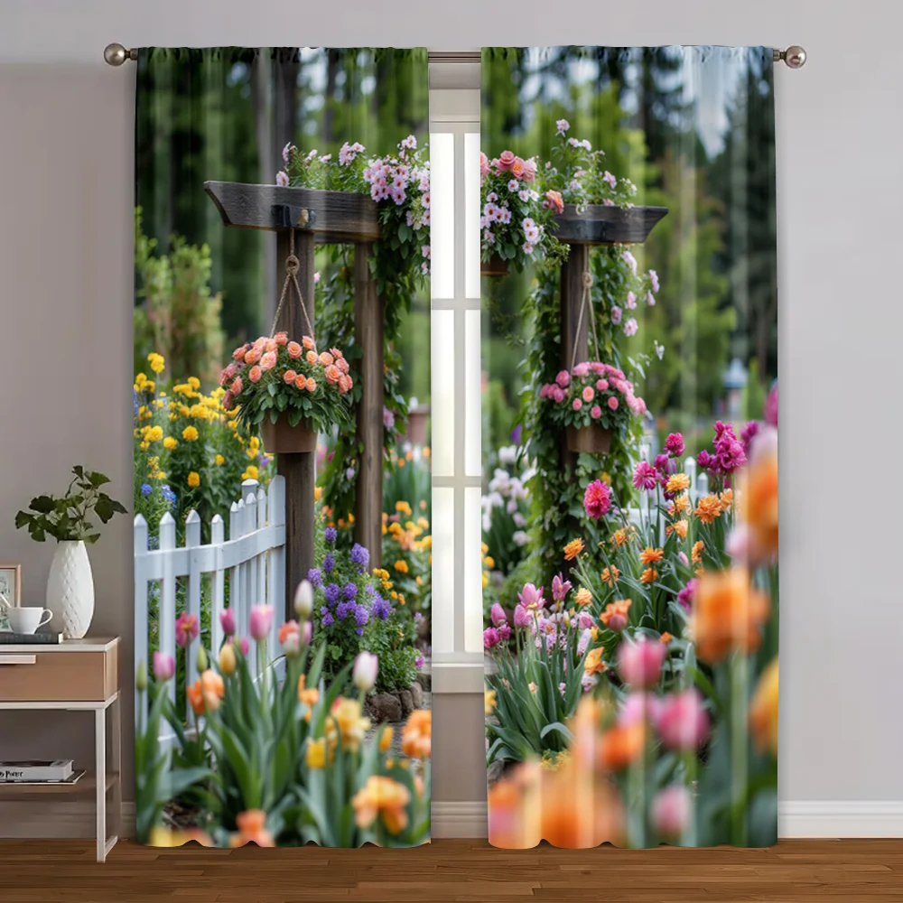 

2pcs, Popular Curtain Panels Spring Garden Polyester Easy Install (without rod) All Seasons Perfect for Bedroom & Various Living