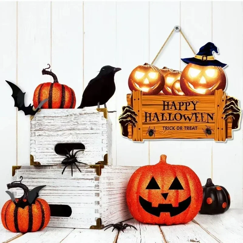 할로윈 나무 장식 걸이식 문짝 사인, 홈 바 카페 2024 할로윈 유령 얼굴 호박 문짝 걸이식