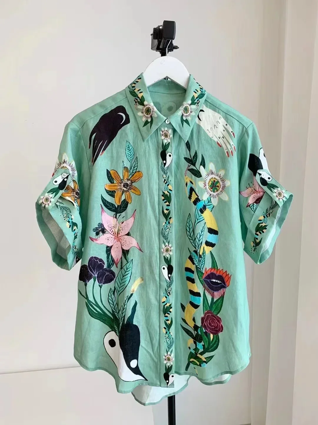 Camisa feminina com gola virada para baixo, 100% linho, estampado com flores, calções de cintura elástica, novo, 2024