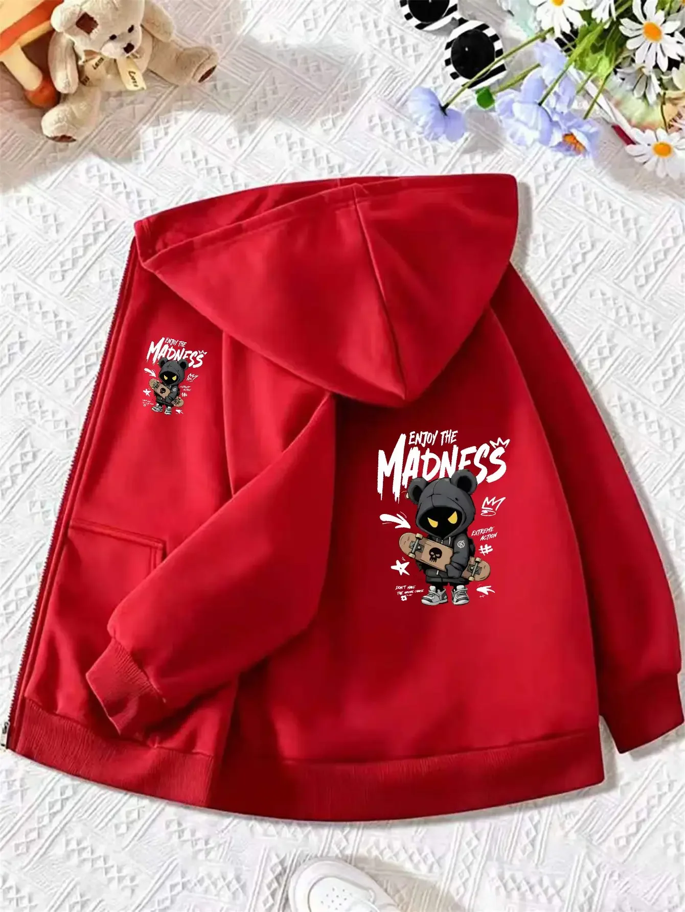 Street Skateboard Bear Cartoon Print Kids Hoodie Zip Up Fleece Lined Autumn Winter Children Casual Warm Hooded Sweatshirt