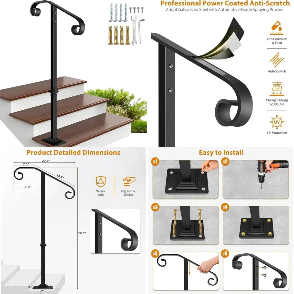 درابزين فردي متين للاستخدام الخارجي للسلالم، تصميم من الحديد المطاوع، مناسب لخطوات 1-2، قضيب إمساك داعم قوي #1