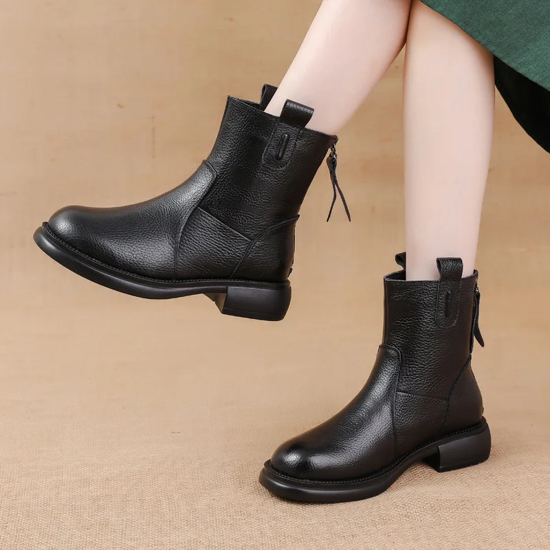 CICIYANG Women Winter Ankle Boots Genuine Cowhide Leather 2024 New Low Heel Chinese Style Keep Warm Anti-slip Booties Ladies 41