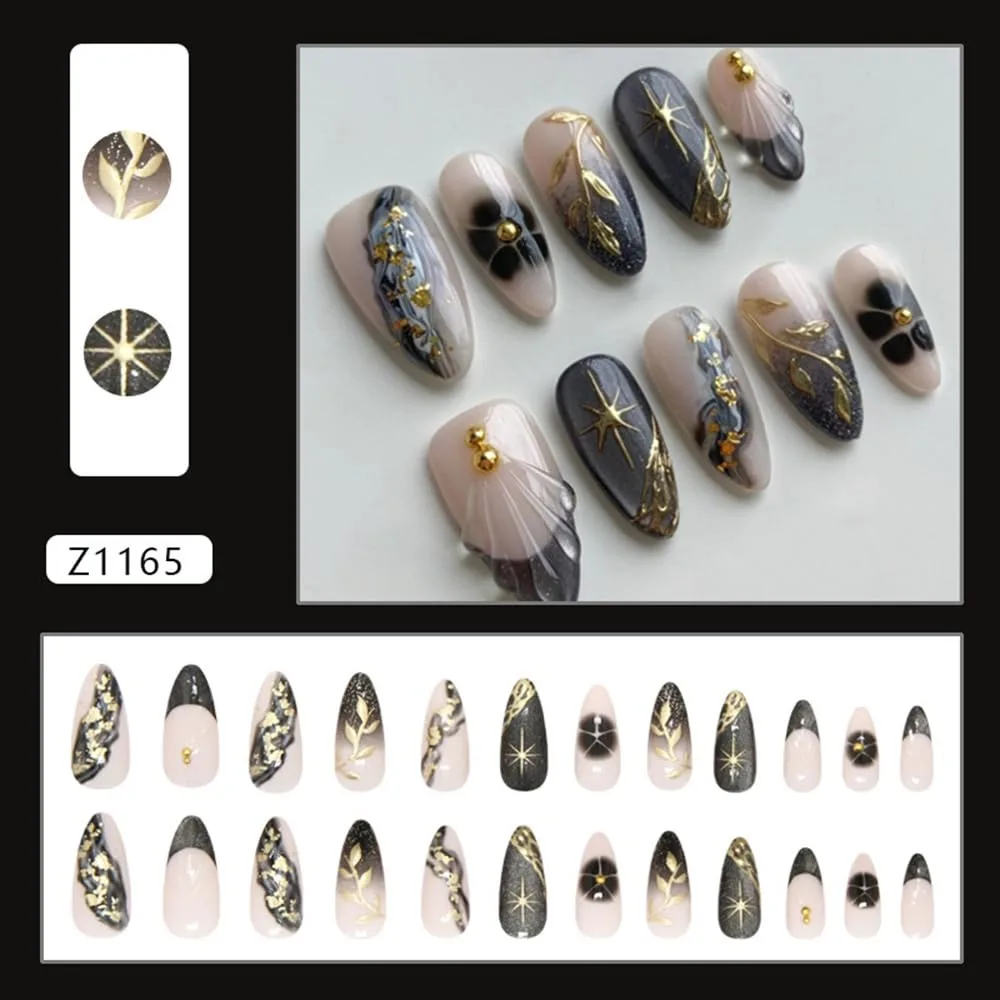 Medium 3D False Nails with Gold Foil Designs, French Manicure, Acrylic Glue, Stick-On Set for Women - 24 Pieces