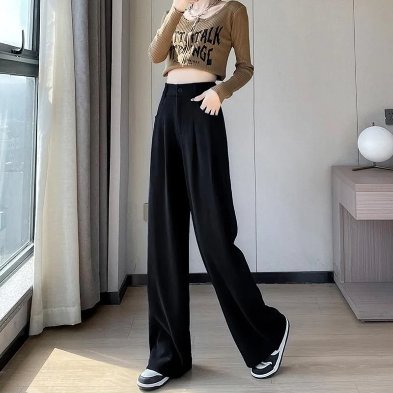 Heißer Verkauf Frauen Baggy Casual Gerade Bein Hosen Dame Mode Hohe Taille Hose Weiblichen Koreanischen Bequemen Täglichen Hosen