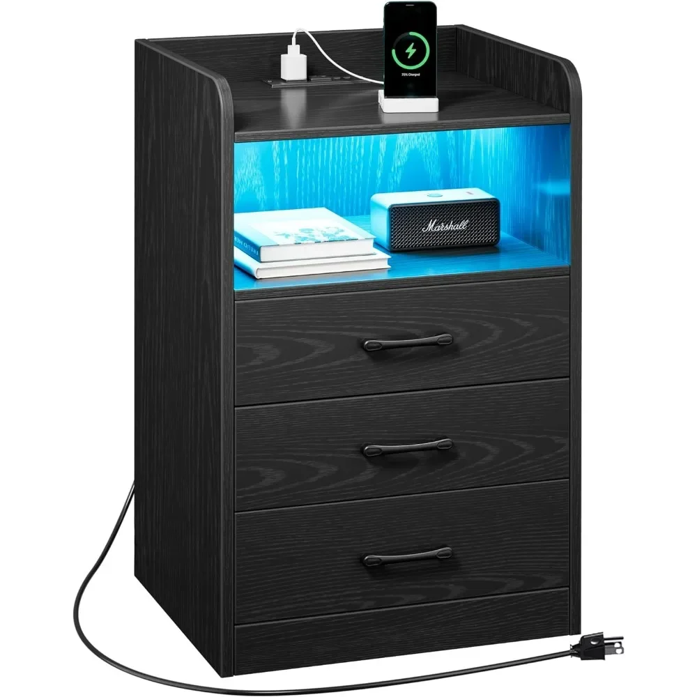 

Charging Station and LED Light Strips, Night Stand with Drawers, End Table with USB Ports and Outlets