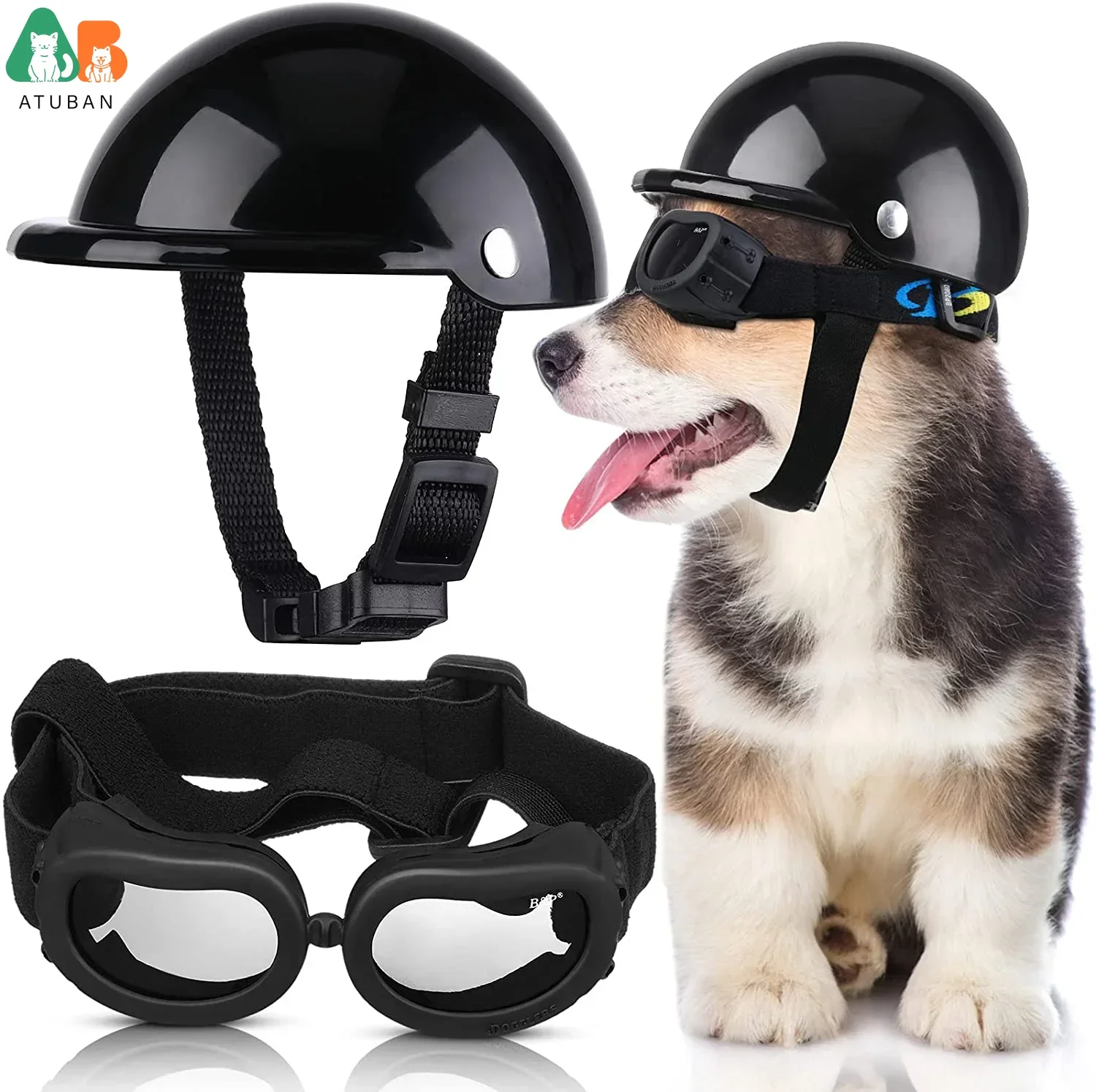 ATUBAN Small Dog Helmet Goggles UV Protection Doggy Sunglasses Pet Dog Glasses Motorcycle Hard Safety Hat with Adjustable