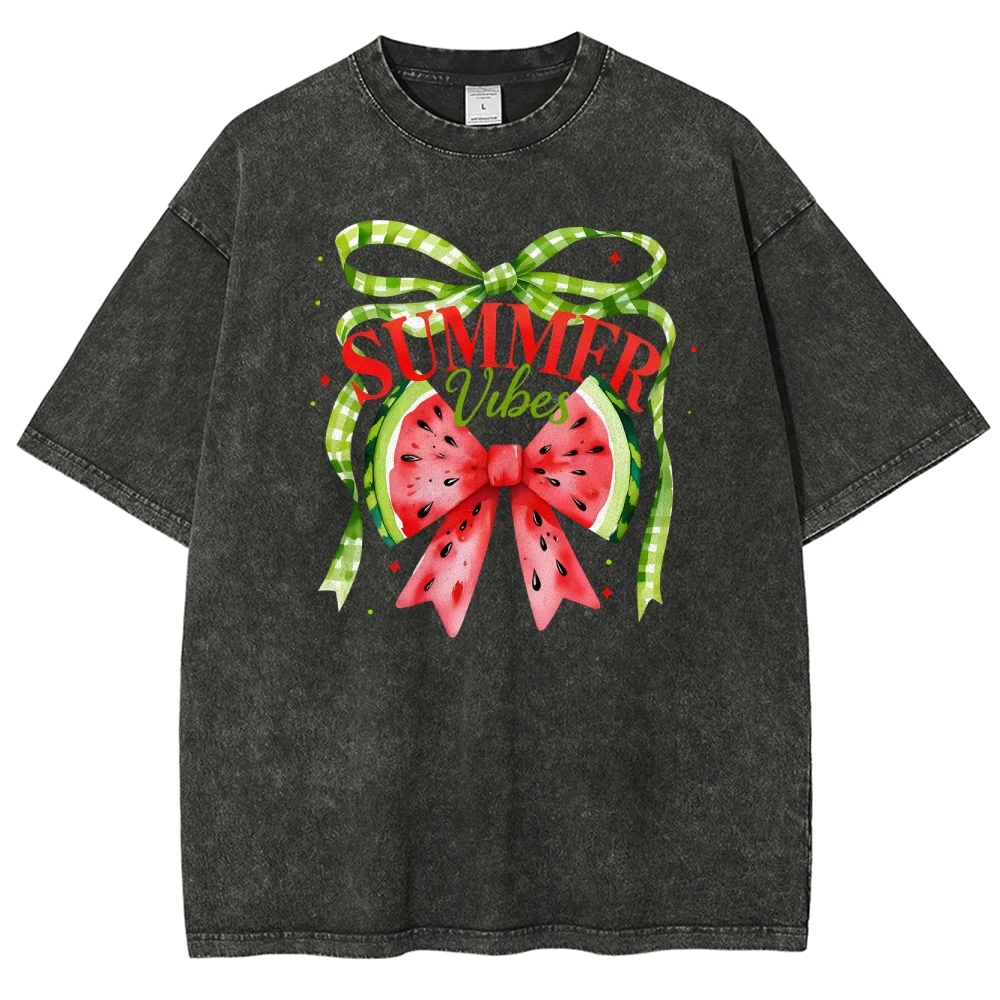 Summer Fresh Ladies T-Shirt Outfit Bow Watermelon Print Short Sleeve High Quality Cotton Fabric Loose Neutral T-Shirt