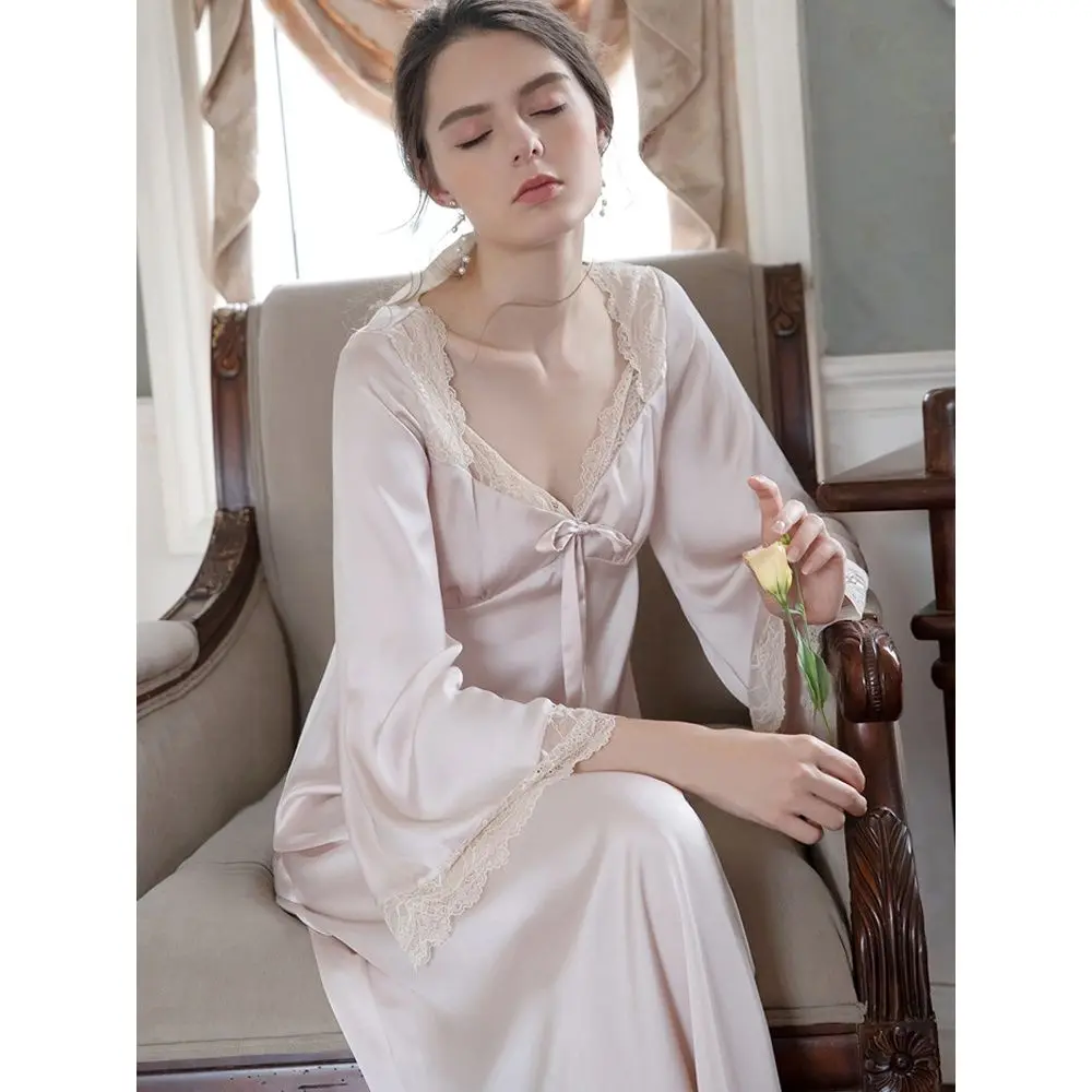 

Ladies French Vintage Princess Sleepwear Women Spring Autumn Long Silk Pajama Nightdress Fairy Ruffles Lace Victorian Nightgowns