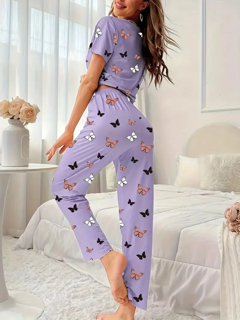 1 Set Butterfly Print Pajama Set, Short Sleeve Crew Neck Top & Elastic Waistband Pants, Women\'s Sleepwear & Loungewear