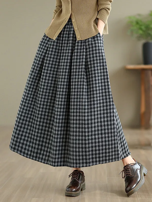 

Повседневная клетчатая юбка-миди трапециевидной формы для поездок на работу, универсальная художественная юбка с высокой талией размера плюс, осенний сезон