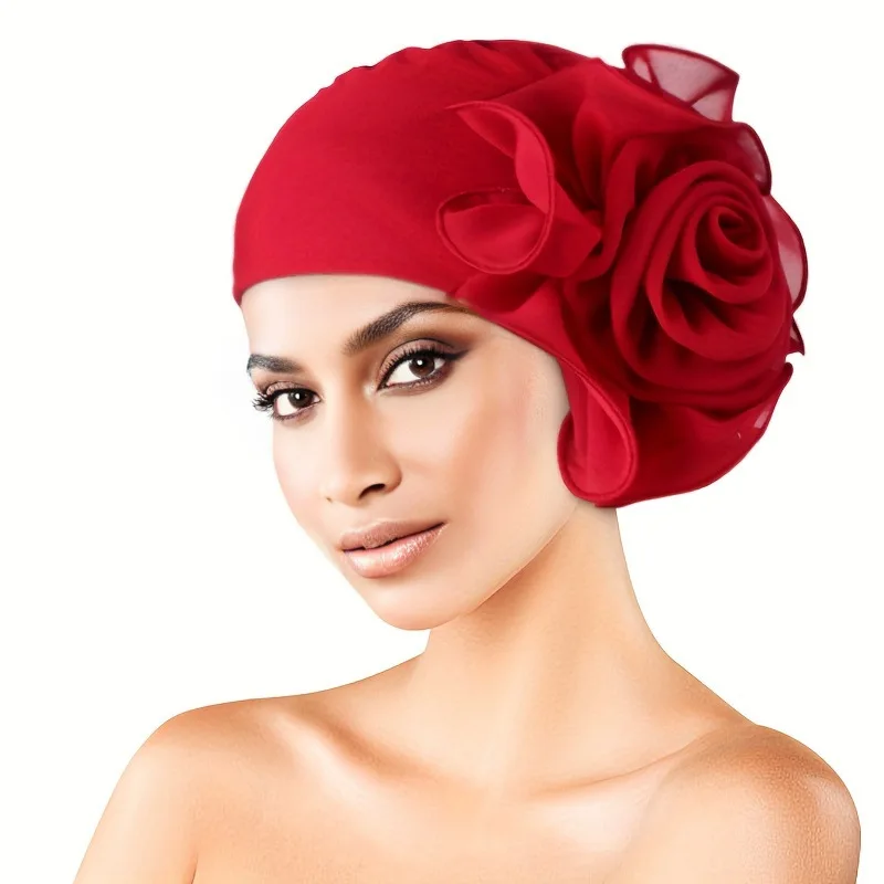 New Women Big Lace Flower African Bandana Head Wrap Elastic Hair Loss Cap Turban Wedding Party Headwear Mujer Hair  Accessories