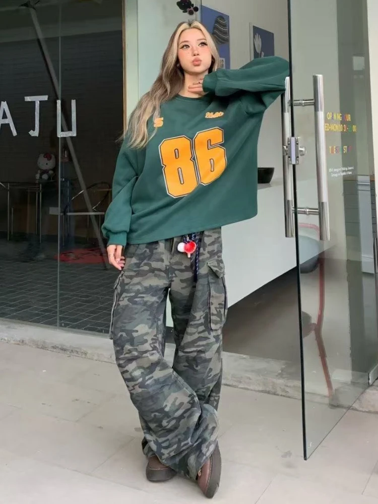 التمويه البضائع الجينز المرأة عالية الخصر خمر مستقيم فضفاض Y2K الدنيم السراويل للجنسين الهيب هوب الأمريكية واسعة الساق سراويل جينز #6