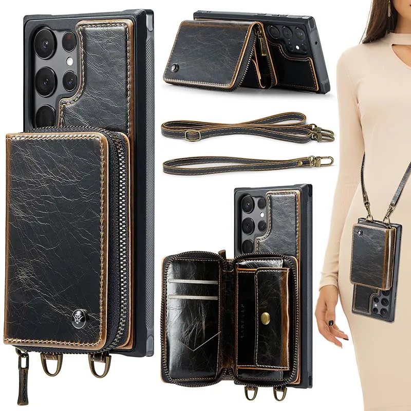 Crossbody Necklace Lanyard Cord Leather Case For Samsung Galaxy S23 S22 S21 Ultra Plus Strap Cover With Card Holder Wallet