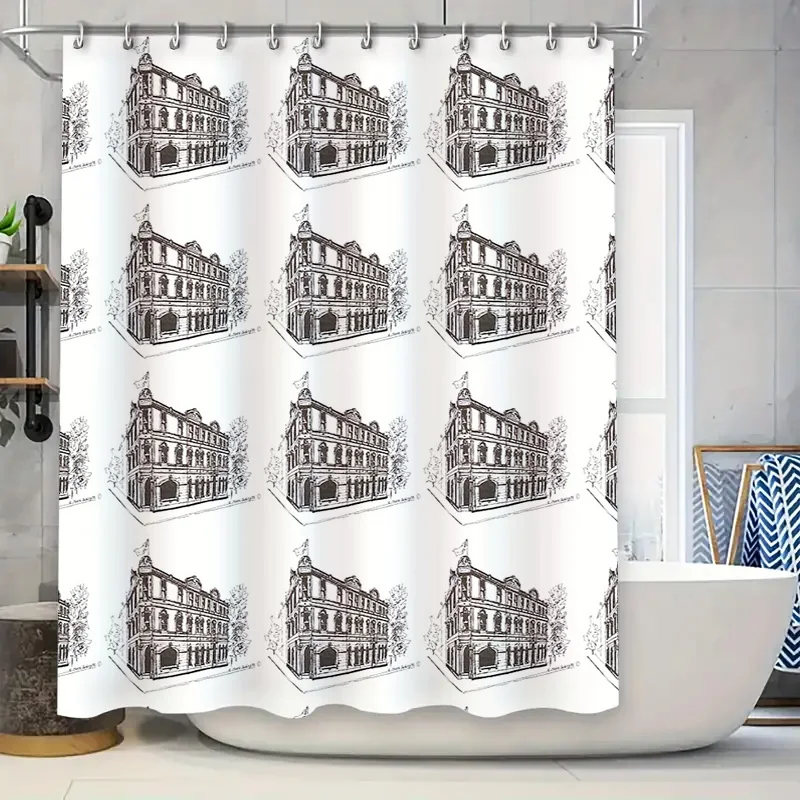 Vintage Black and White Building Shower Curtain Rustic Farmhouse Bathroom Decor Modern Art Landscape Tapestry Waterproof Fabric