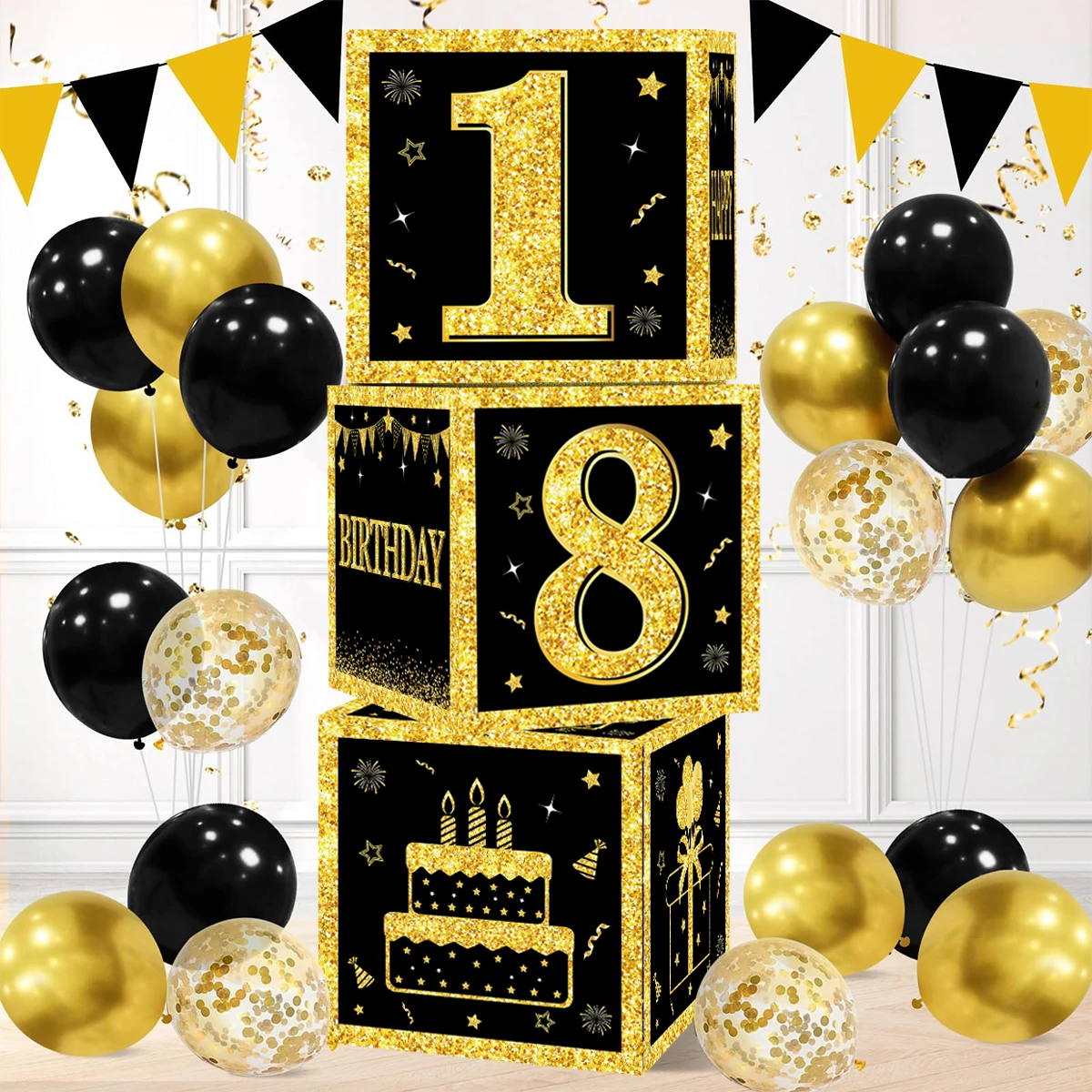 Decoração de Festa de Aniversário Preto e Dourado Adulto, Material para Feliz Aniversário, 18 Anos, 30 Anos, 40 Anos, 50 Anos, 60 Anos, 70 Anos, 80 Anos