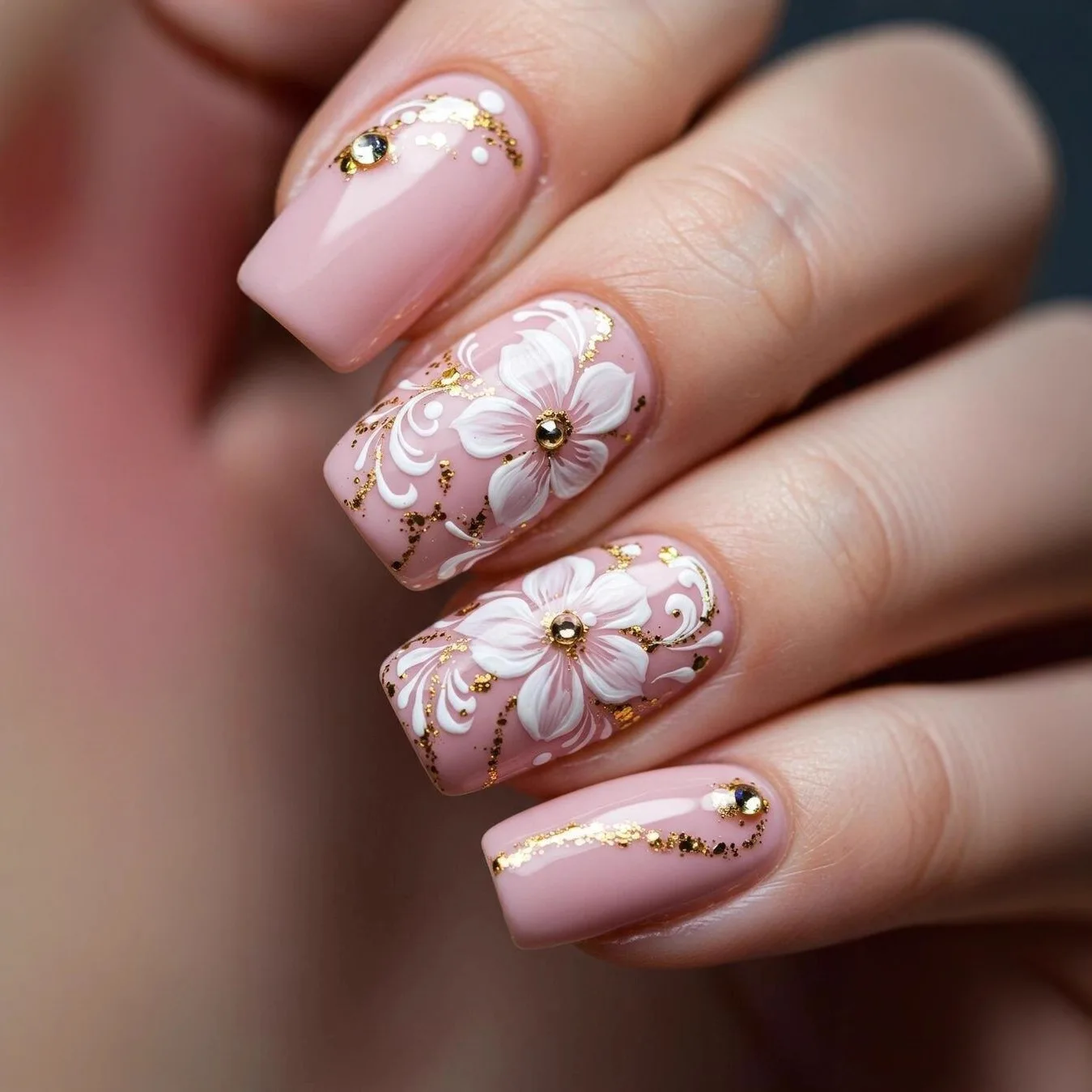 

24PCS Elegant Pink Flower Press on False Nails Fashionable Glitter Golden Sequin Medium Square Fake Nails for Women Simple Nails
