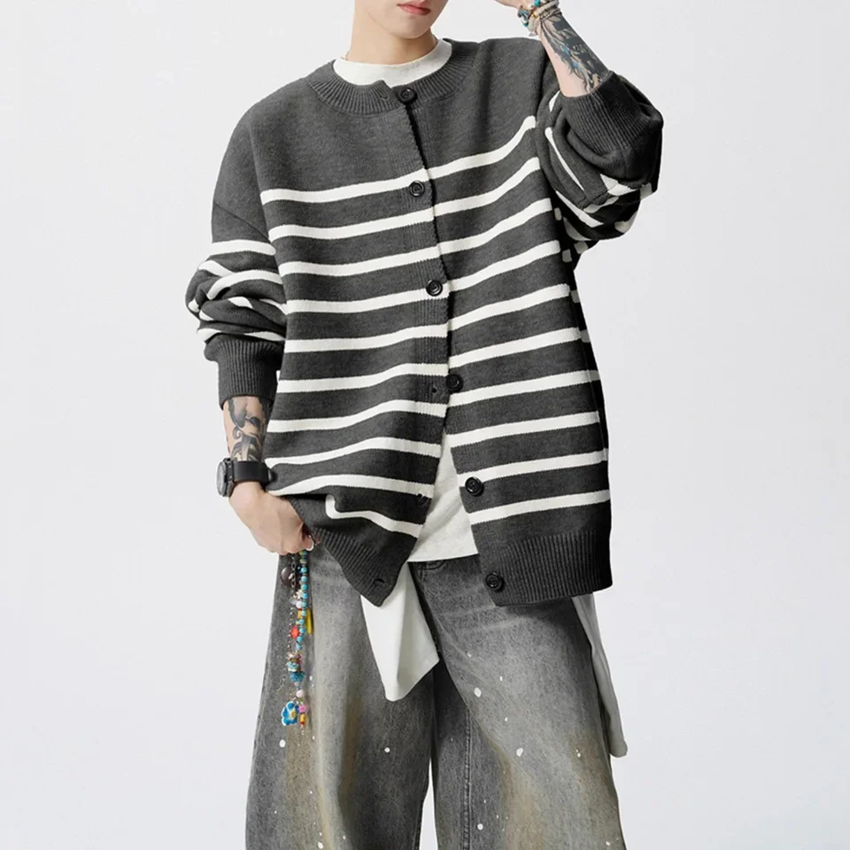 2025 New Academic Style Striped Cardigan Unisex Loose Casual Black White Color Block Versatile Sweater