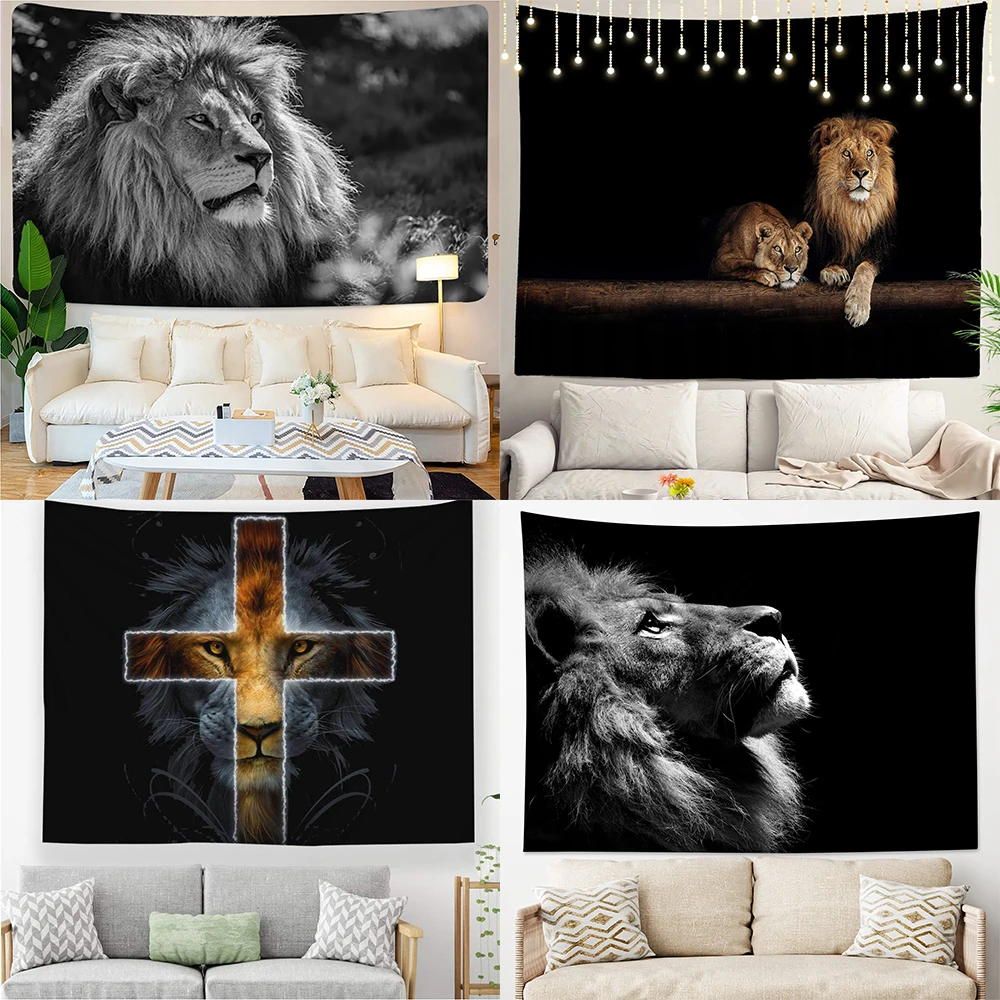 African lion wild animal black and white printed pattern tapestry home bedroom living room dormitory wall decoration