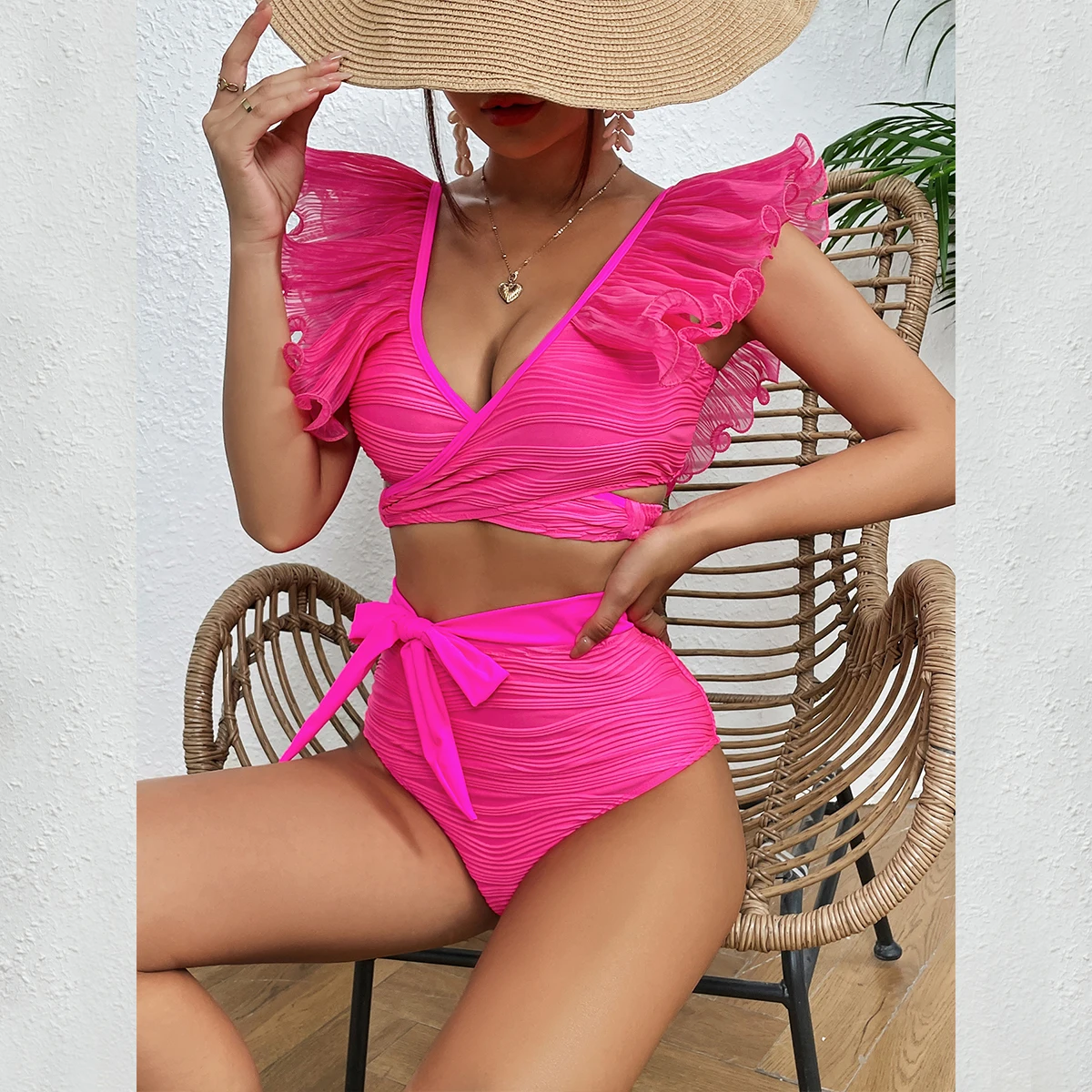 2024 New Sexy High Waist Ruffled Bikini Set Flounce Swimwear Women Swimsuit Solid Strappy Beachwear V-neck Bathing Suit Biquini