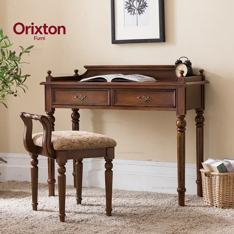 Solid Wood Makeup Stool European Dressing Chair Bedroom Balcony Backrest Chair Retro Home Furniture Classic Vanity