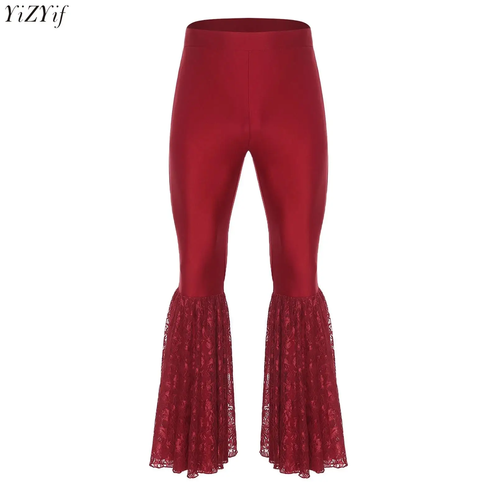 

Men Latin Jazz Dance Pants Elastic Waistband Lace Patchwork Bell-Bottom Pants Flared Trousers for Halloween Theme Party Ballroom