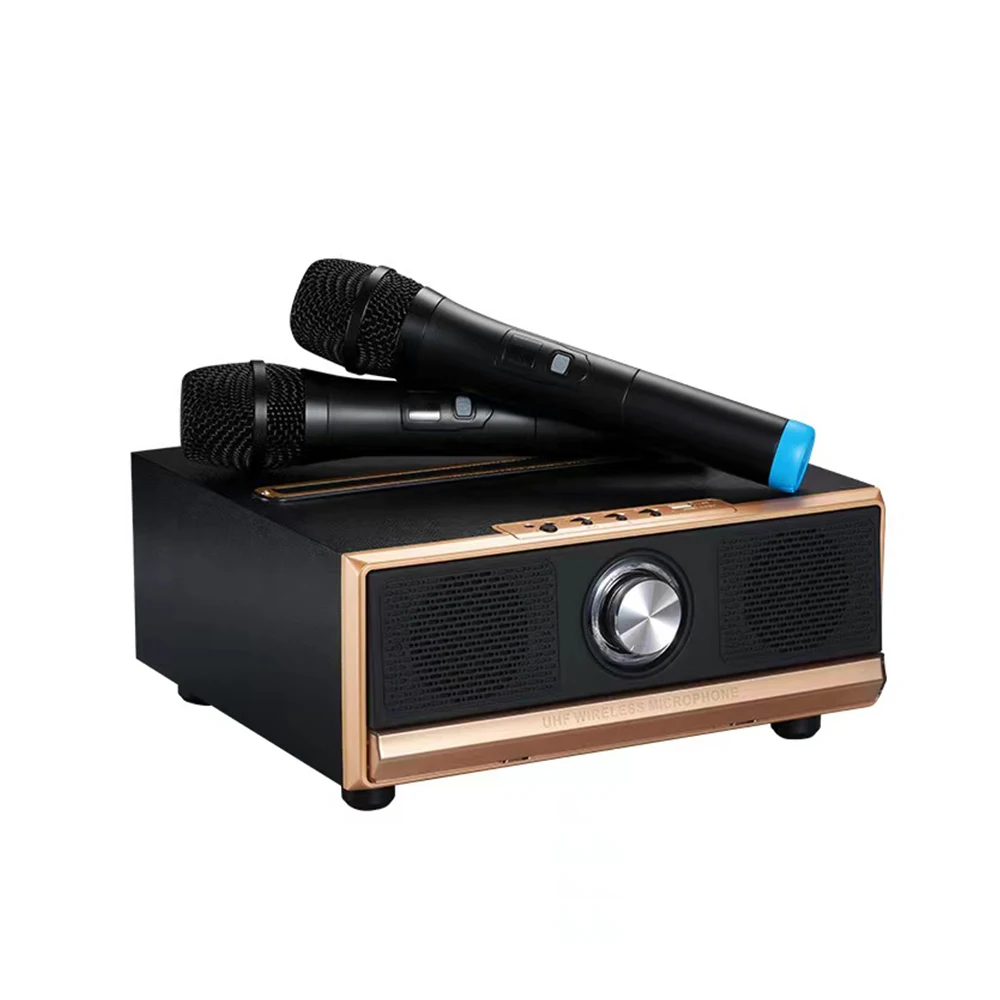 

True U-Segment mini home theater Karaoke system record wooden wireless speaker with Dual Wireless UHF Microphone for smart home