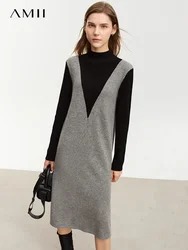 AMII Dresses For Women 2023 Winter New Fashion Half High Neck Fake Two Contrast Stitching Female Wool Midi Trendy Dress 12344274