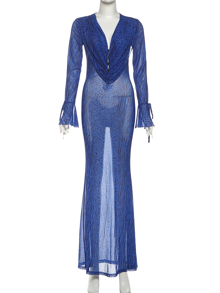 غريب سنور مثير انظر من خلال فستان المرأة الخامس الرقبة Ruched زر ليوبارد الدانتيل متابعة مضيئة كم أنيقة مساء تمتد سليم Bodycon