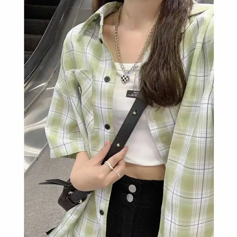 Women Summer Preppy Style Polo Collar Plaid Shirts Lady Casual Loose Short Sleeve Green Blouse 2024 New letter Tops Female