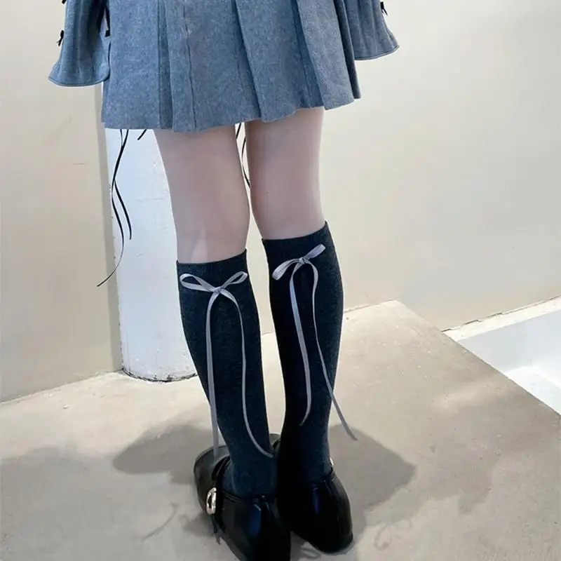 270D Japanese Women Girls Elegant Ribbon Bowknot Long Tube Socks Elegant Breathable Cotton Students Knee Length Stockings