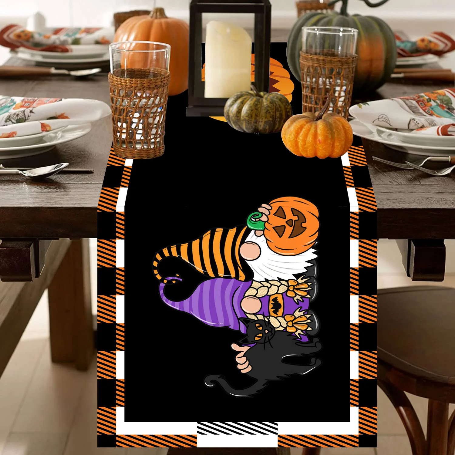 

Halloween Buffalo Plaid Table Runner, 72 Inches Long, Burlap, Decor for Home Party