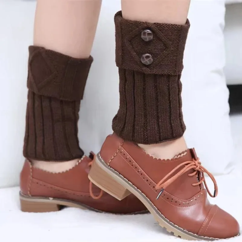 Autumn Winter Women's New Short Rhombus Flip 2 Button Foot Warmer Knitted Wool Socks Fashion Boot Cover Leg Warmers New