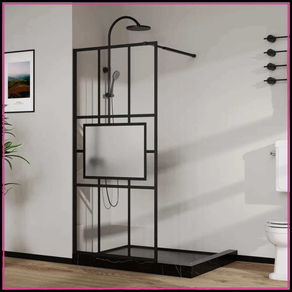 34" x 72" Fixed Framed Shower Door, Tempered Glass Panel with Grid Pattern, Middle Frosted, 3-Piece, Matte Black
