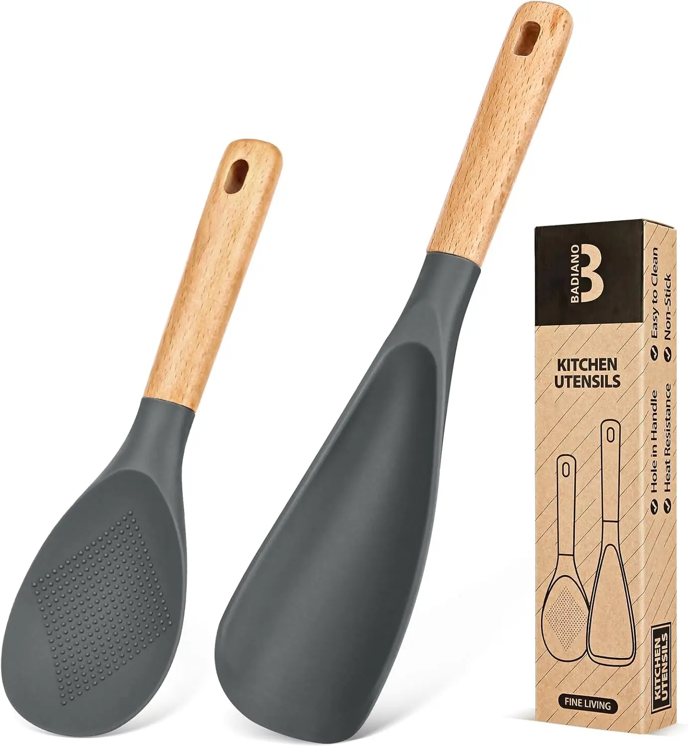 

Matte Silicone Spoon & Rice Scooper, BPA-Free, Wood Handle, Nonstick Cookware Safe