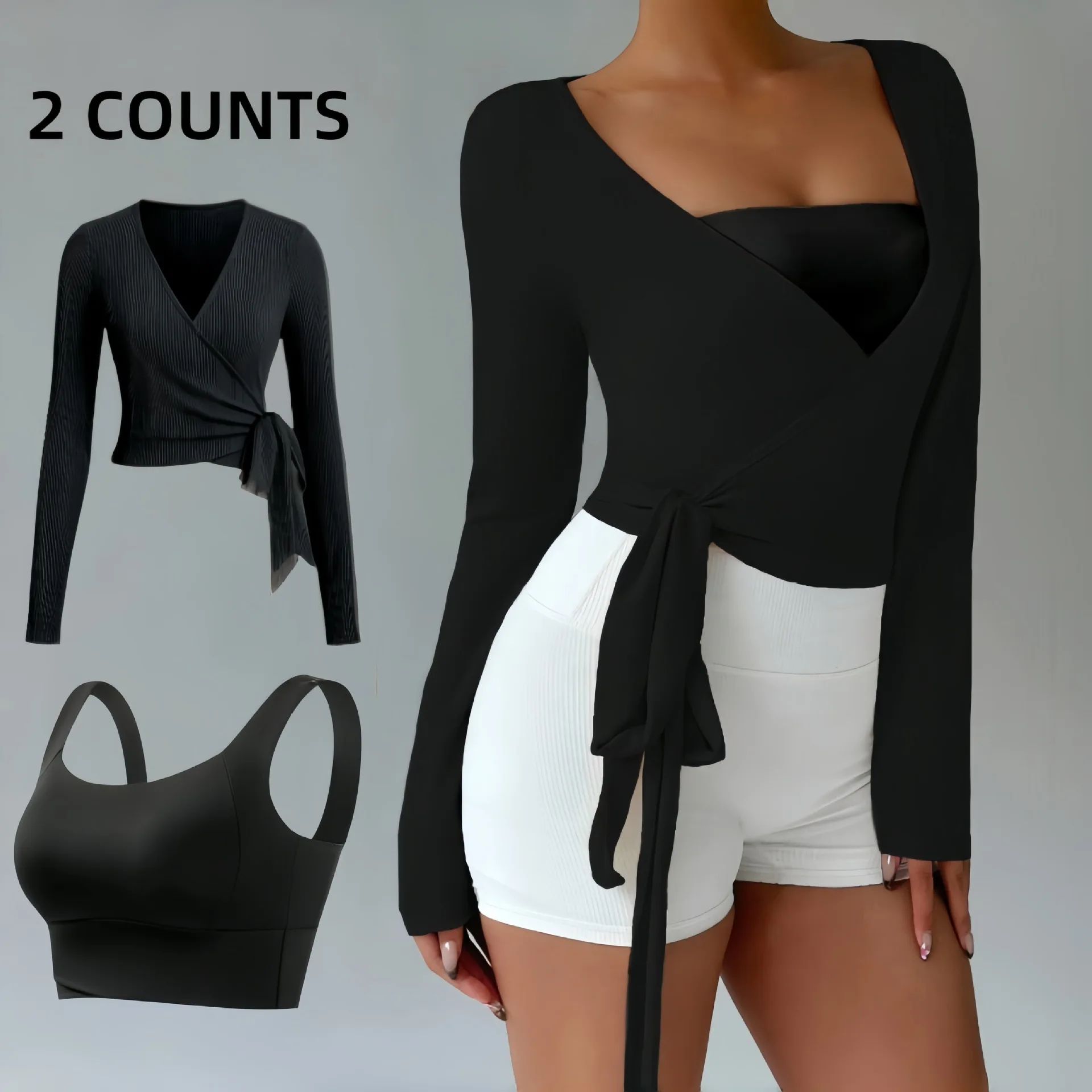 

Lightweight sunscreen top breathable yoga T-shirt lace-up blouse top plus bra yoga suit set