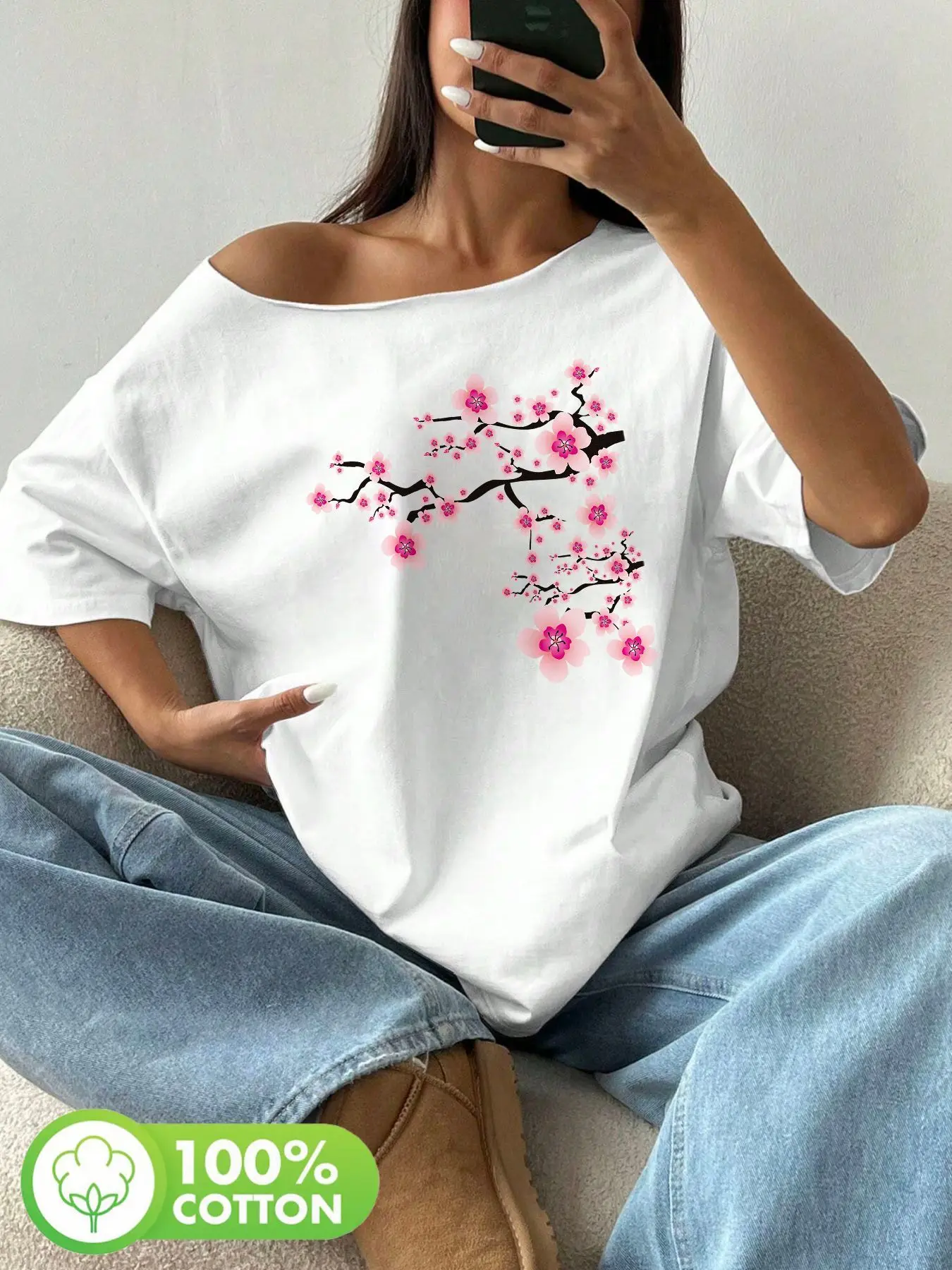 

Plus Size 100% Cotton Shoulder Loose Print T-Shirt Oversized Y2K Style Graphic Tees Women Tops Summer Off The Shoulder Top Sa