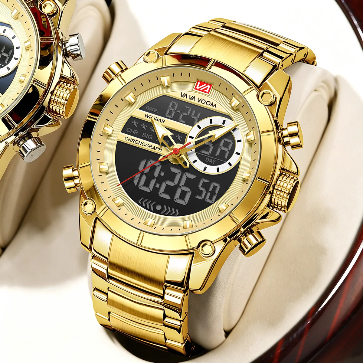 VA VA VOOM Men Watch 44mm Dual Display Dial Fashion Luxury Quartz Watch Sport Timing Waterproof Stainless Steel Watch Men Reloj