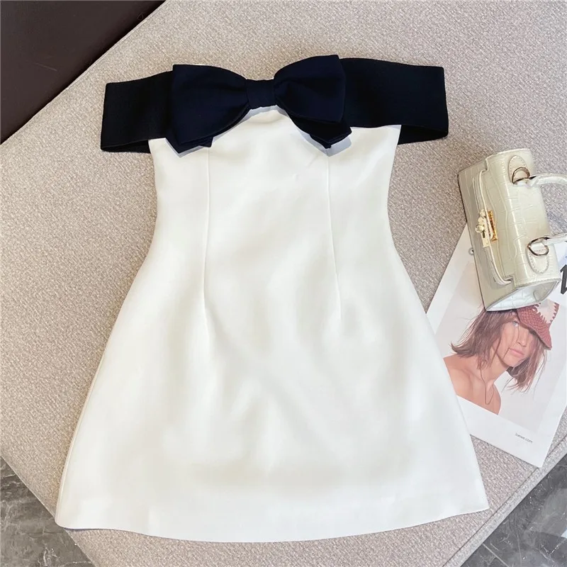 Summer Dress New Collection Sleeveless Black Bow Strapless High Waist White Slim Short Dress For Women