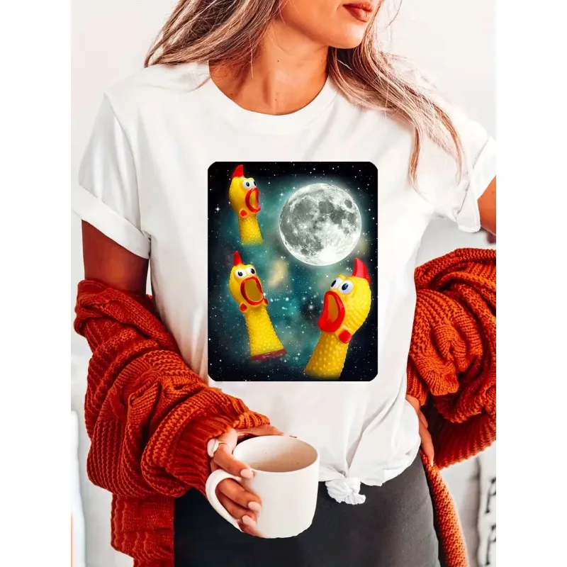 Funny Rubber Chicken Howling At Moon Graphic T-Shirt Meme Chicken Print Casual Short Sleeve Soft Oversized Crew Neck Top