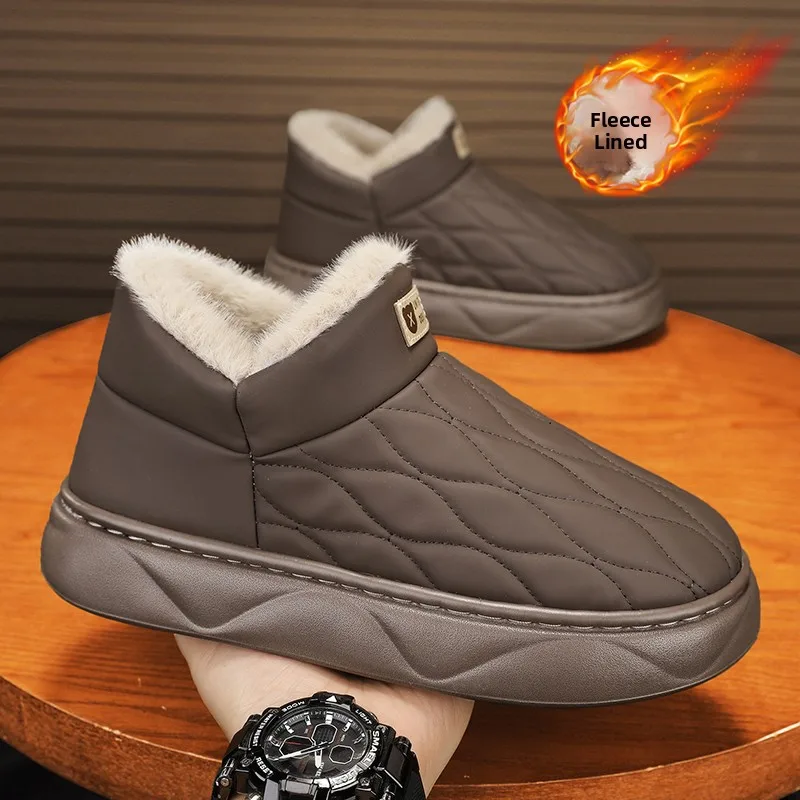 

Men's Winter Slip-On Snow Boots Fce Lined Bread Sle Anti-Slip Warmth Leather And Fur Inteated Cotton oes for Youth