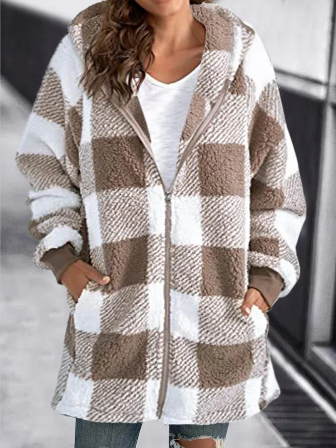 

2024 New Women's Clothing Plush Coat Women Long Sleeved Checkered Hooded Zipper with Pocket Loose Top